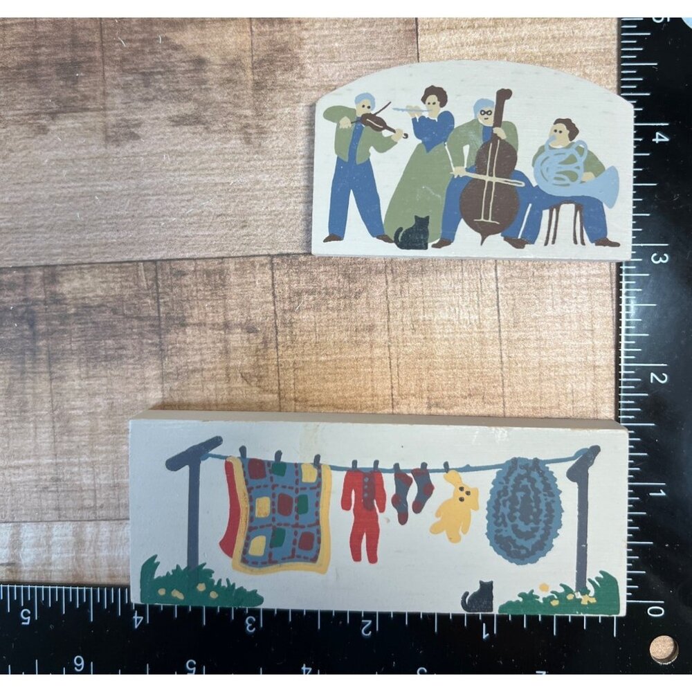 Handmade Wooden Folk Art Miniature Plaques With Painted Designs - Musicians & La